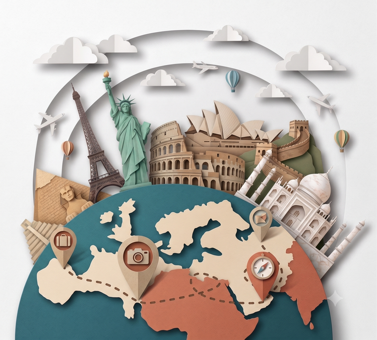 World travel landmarks including Eiffel Tower, Statue of Liberty, Colosseum, Sydney Opera House, Great Wall, and Taj Mahal on a globe